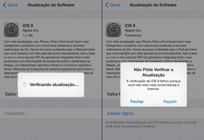 iPhone apresenta mensagem de erro ao atualizar iOS 9 (Foto: Reprodução)