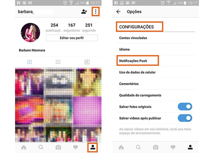 Acesse seu perfil do Instagram e depois as configurações para gerenciar as notificações (Foto: Reprodução/Barbara Mannara)