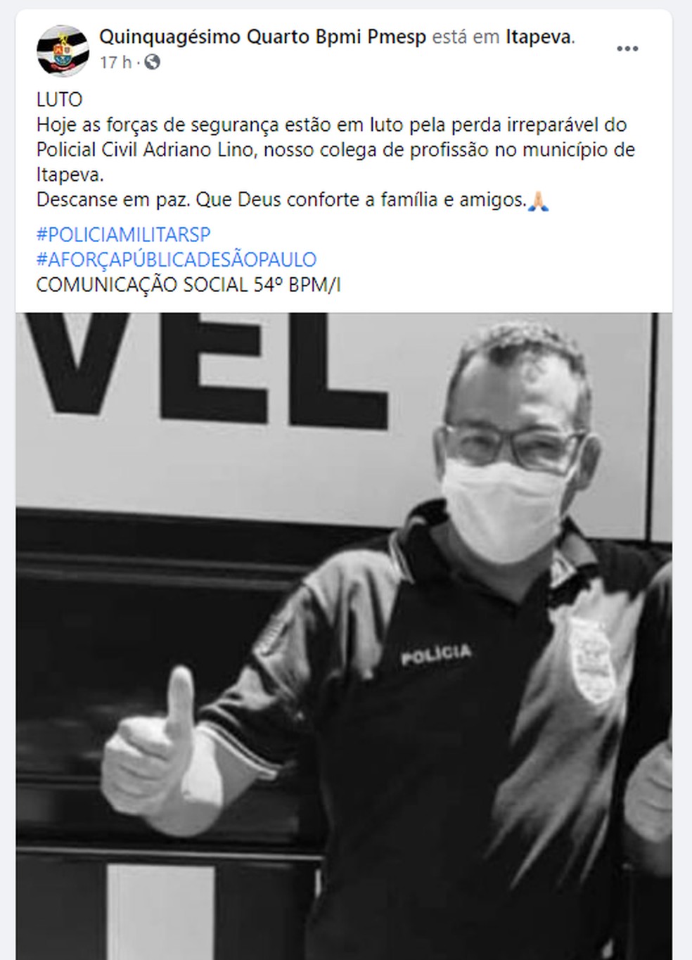 Polícia Militar publicou homenagem para policial de Itapeva nas redes sociais — Foto: Facebook/Reprodução