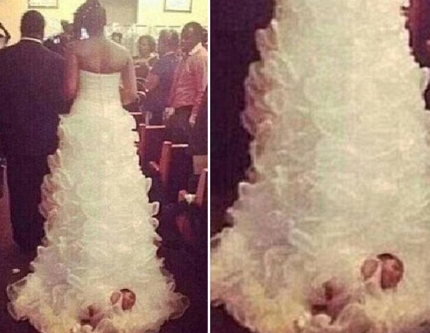 Noiva prende bebê em cauda de vestido (Foto: Reprodução/The Sun)