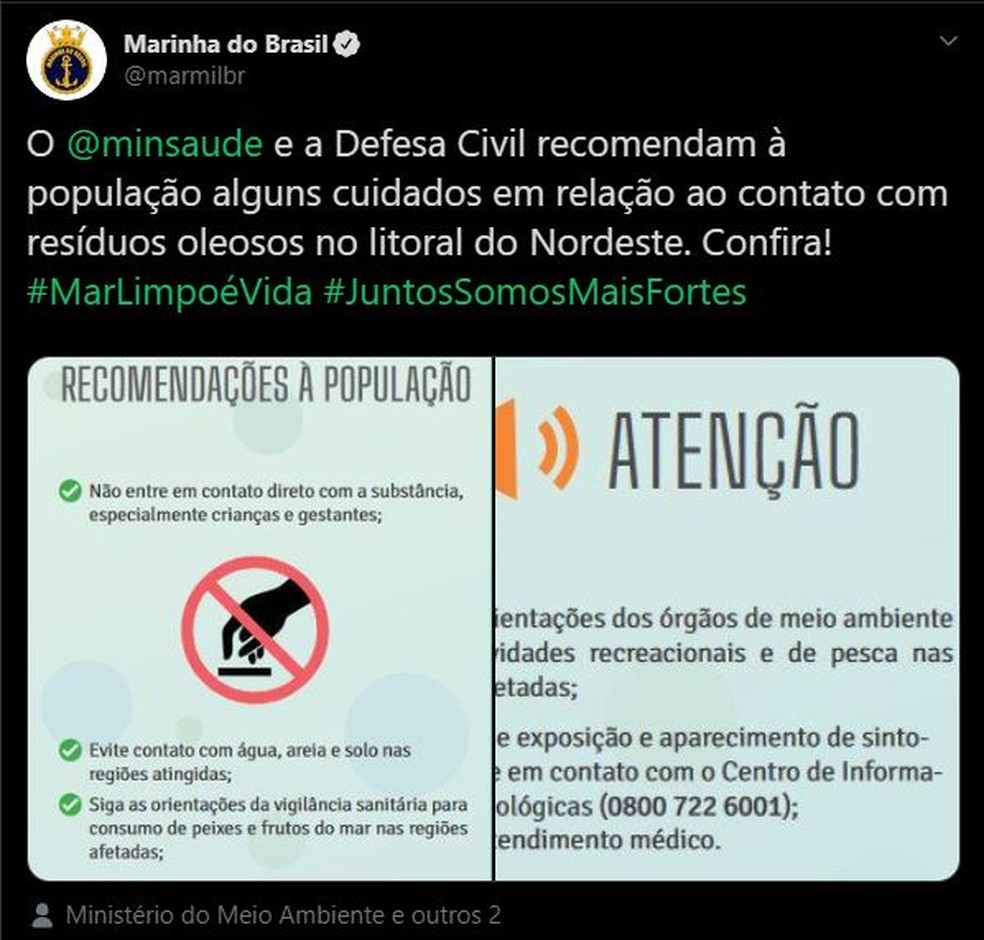 Tuite da Marinha do Brasil com recomendações do Ministério da Saúde — Foto: Reprodução/Twitter