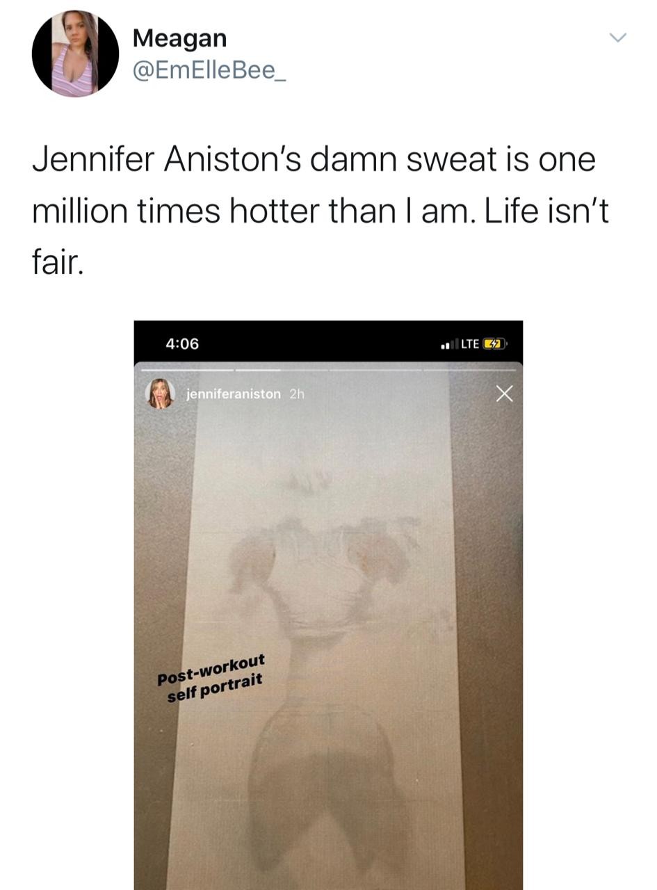 Fãs reagem ao suor de Jennifer Aniston (Foto: Reprodução/Twitter)