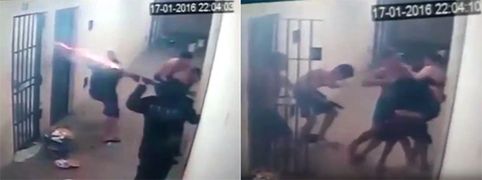 Na fuga, em janeiro do ano passado, um dos agentes reagiu e atirou com balas de borracha; em seguida, outro agente foi rendido pelos presos, que o usaram como escudo humano (Foto: G1/RN)