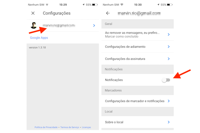 Desativando as notificações do Inbox for Gmail no iPhone (Foto: Reprodução/Marvin Costa)