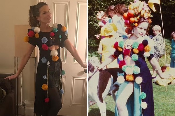 A atriz Kate Beckinsale vestindo a mesma fantasia de Carmen Miranda em 2021 e em 1982 (Foto: Instagram)