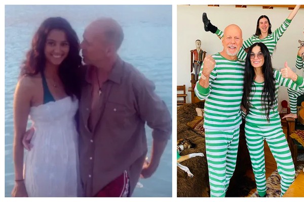 Bruce Willis com a atual esposa, a modelo Emma Heming, e em sua quarentena do coronavírus, na companhia da ex, a atriz Demi Moore (Foto: Instagram)