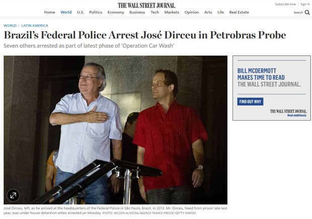 Reportagem do Wall Street Journal noticia a prisão de José Dirceu pela Polícia Federal (Foto: Reprodução/WSJ)