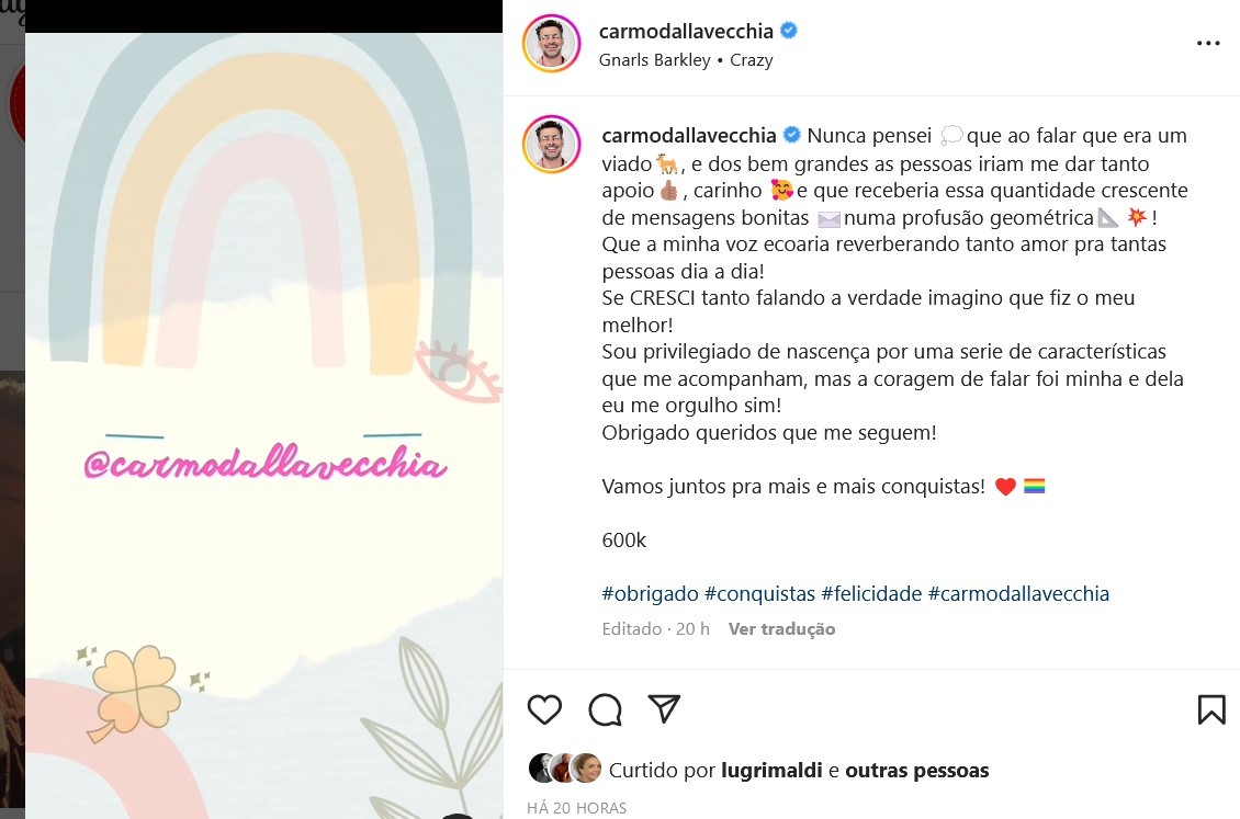 Carmo Dalla Vecchia comemora 600 mil seguidores no Instagram (Foto: Reprodução/Instagram)