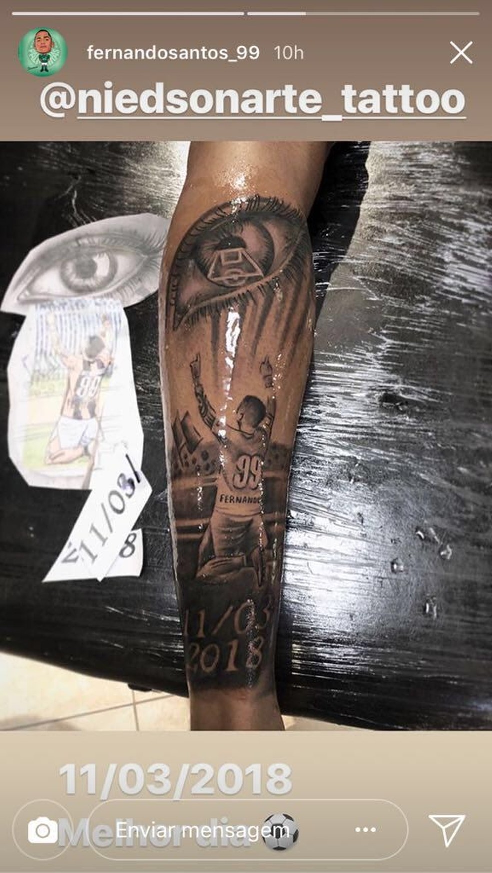 Fernando tatuou lembrança do primeiro gol pelo Palmeiras (Foto: Reprodução / Instagram)