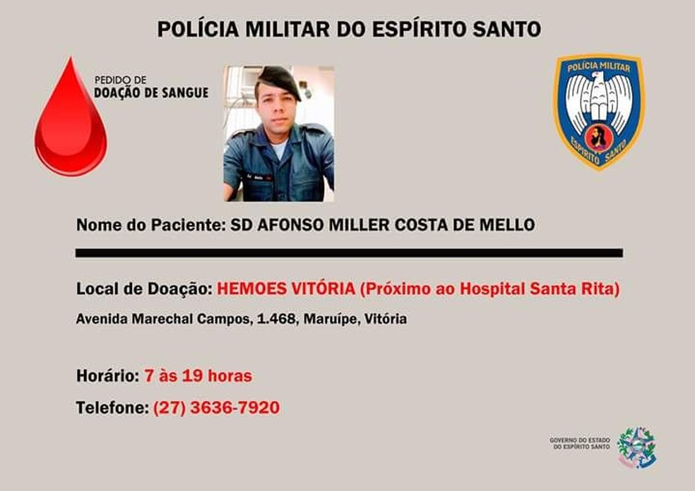 Pedido de doação de sangue para policial (Foto: Divulgação/ PM-ES)