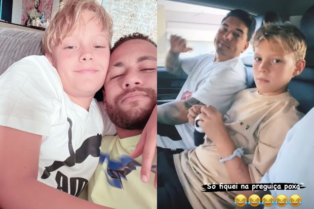 Nos stories, Neymar registra mais momentos ao lado do filho. À direita, Davi aparece com um dos parças do pai, Gil Cebola (Foto: Reprodução/Instagram)