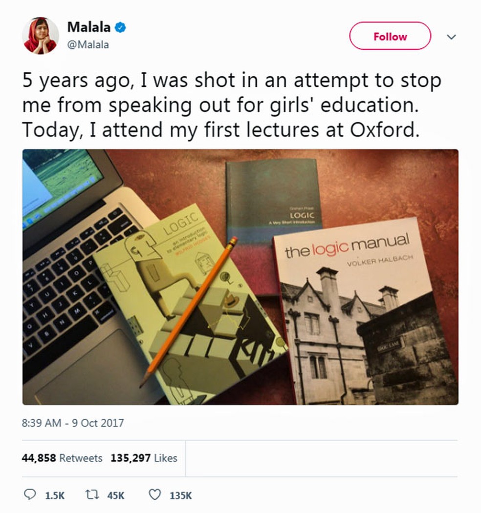 Malala registrou seu primeiro dia de aulas na Universidade de Oxford lembrando da marca de cinco anos da tentativa de assassiinato que ela sofreu por parte do Talibã (Foto: Reprodução/Twitter/Malala)