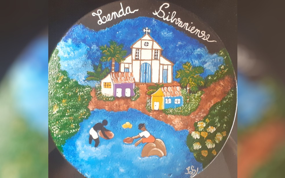 Pintura de Cida Sanches retrata lenda de Silvânia, Goiás, e extração de ouro, que deu início ao surgimento da cidade — Foto: Arquivo pessoal/Cida Sanches