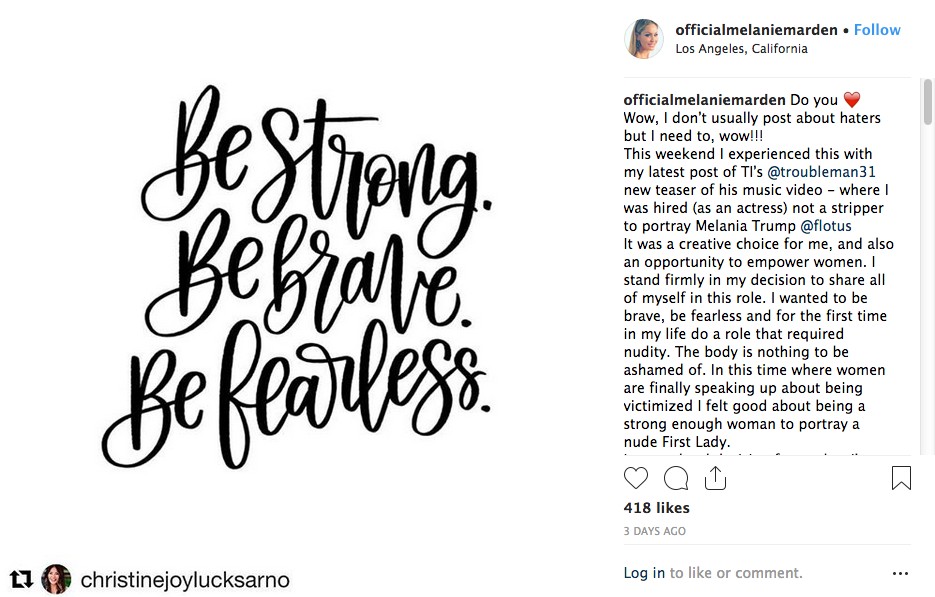 O post da atriz pornô sósia da primeira dama dos Estados Unidos lamentando as ameaças sofridas por ela (Foto: Instagram)