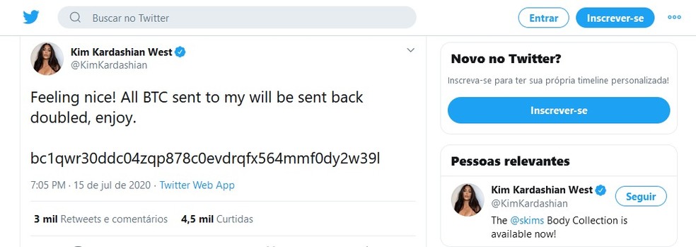 Mensagem fraudulenta surgiu no perfil de Kim Kardashian — Foto: Reprodução/Twitter