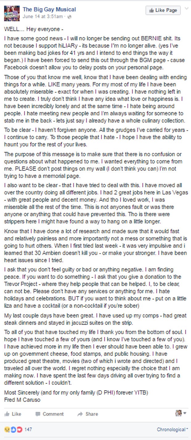 Carta de suicídio que teria sido escrita por Fred M. Caruso (Foto: Reprodução/Facebook)