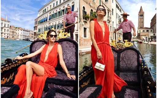 Com vestido decotado, Alessandra Ambrosio passeia de gôndola em Veneza