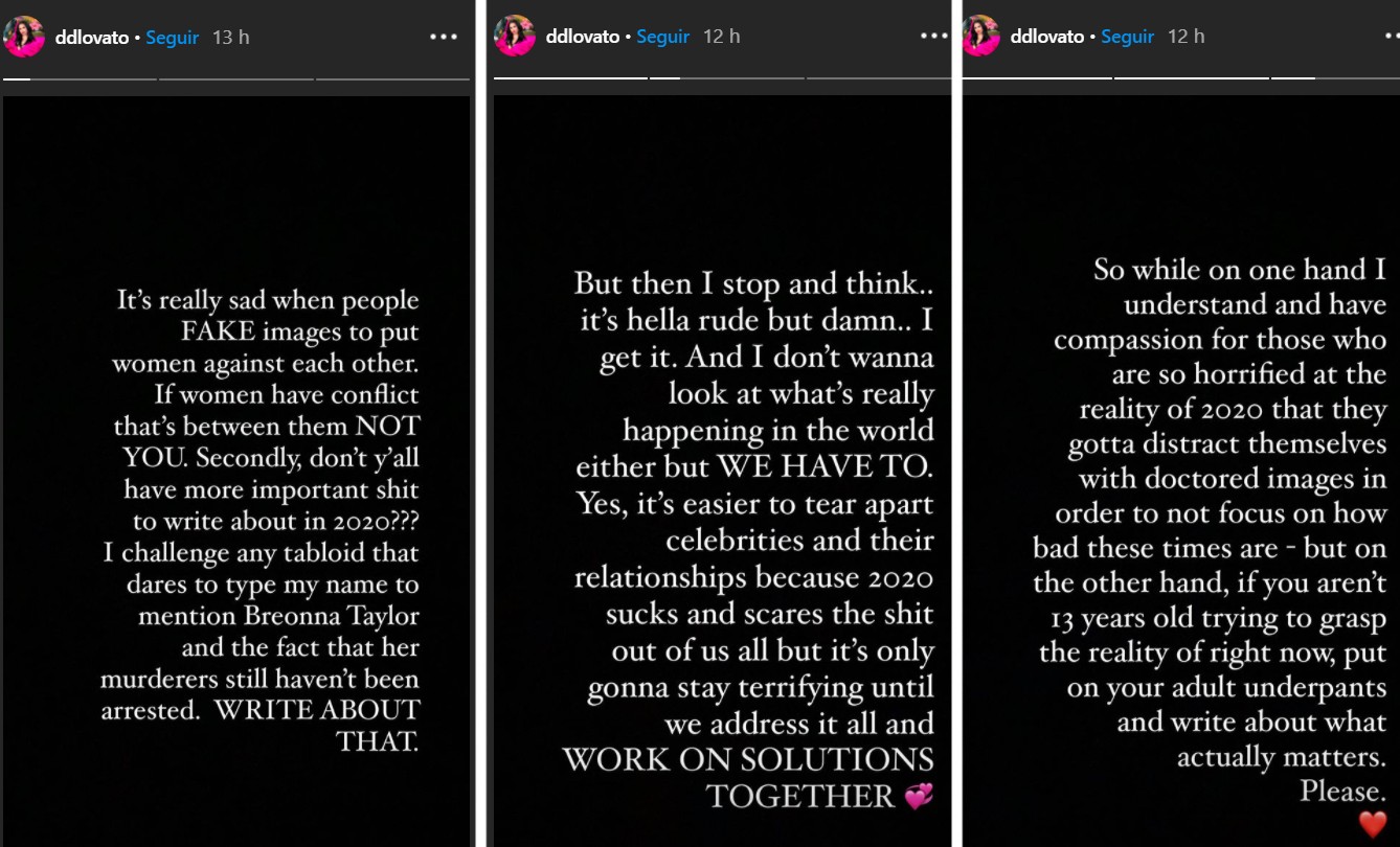 Demi Lovato se manifestou no Instagram após supostos tuítes de seu noivo, Max Ehrich, a comparando a Selena Gomez surgirem nas redes (Foto: Reprodução / Instagram)