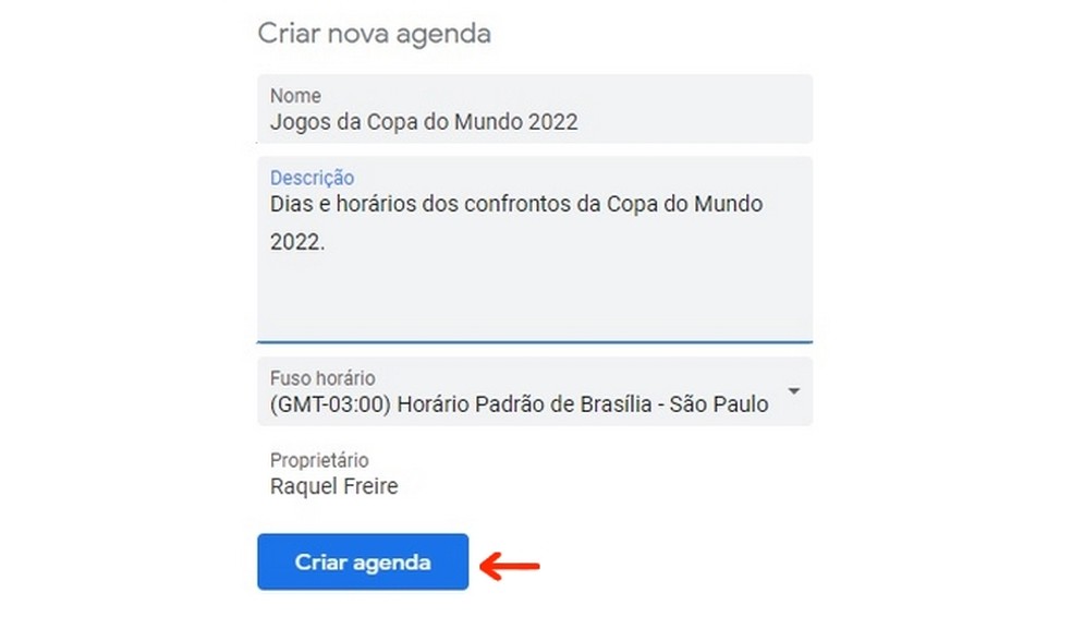 Definição do nome e descrição da agenda para acompanhar jogos do Brasil na Copa do Mundo 2022  — Foto: Reprodução/Raquel Freire