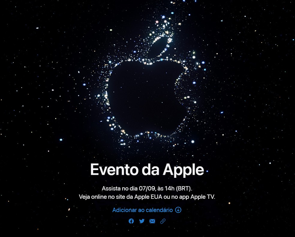 Chamada no site da Apple para evento em 7 de setembro de 2022, às 14h (horário de Brasília) — Foto: Reprodução