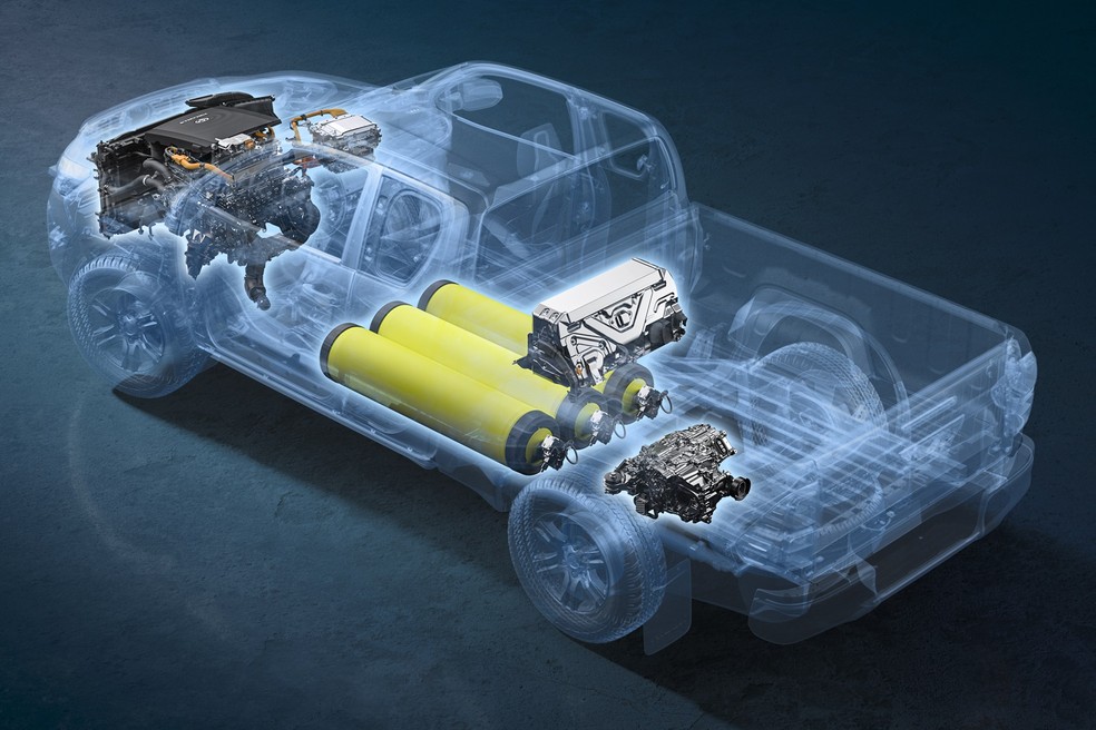Toyota Hilux ter&aacute; tanques de hidrog&ecirc;nio para alimentar o motor el&eacute;trico &mdash; Foto: Divulga&ccedil;&atilde;o