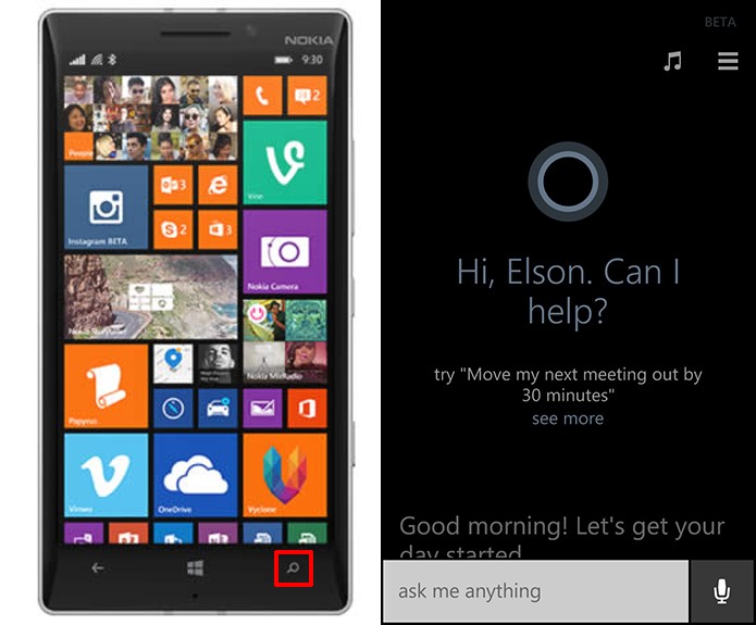 Cortana pode ser acessada no ícone de pesquisa do Windows Phone (Foto: Reprodução/Elson de Souza)