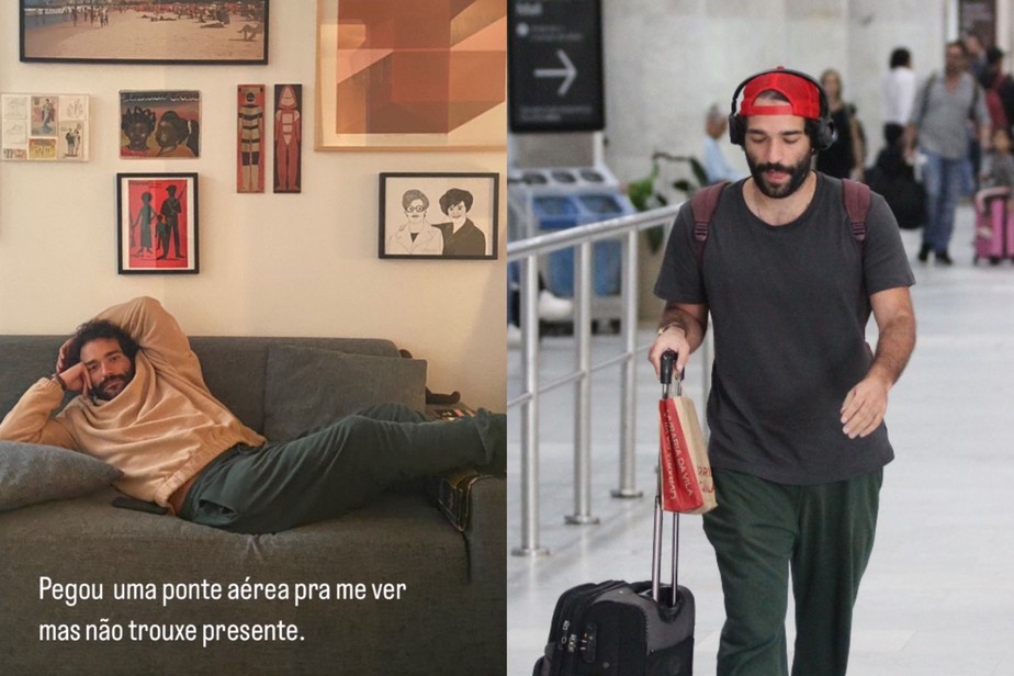 Humberto Carrão na casa de amigo na noite anterior e no aeroporto do Rio