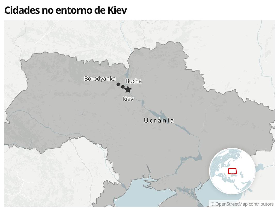 Mapa mostra a localização de Kiev, Bucha e Borodyanka 