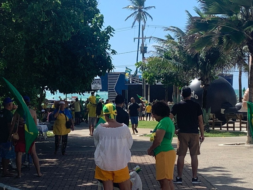 Manifestantes vestidos de verde e amarelo protestam a favor do presidente Jair Bolsonaro em Maceió — Foto: Pedro Ferro/TV Gazeta