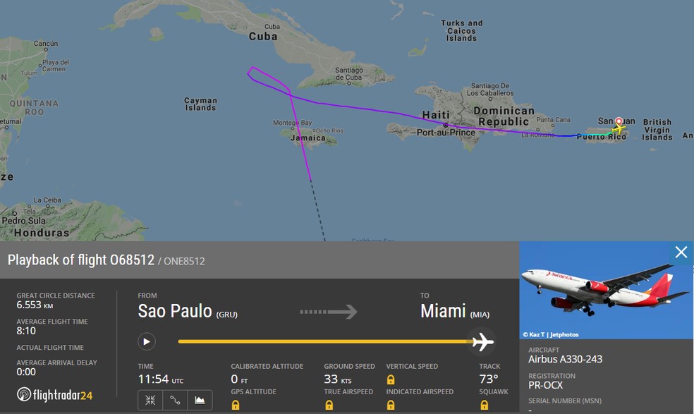 Voo de São Paulo a Miami precisou ser desviado para Porto Rico quando estava prestes a passar por Cuba — Foto: Reprodução/FlightRadar24