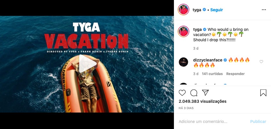 O post do rapper Tyga já sem a menção ao perfil da atriz e cantora Zendaya (Foto: Instagram)