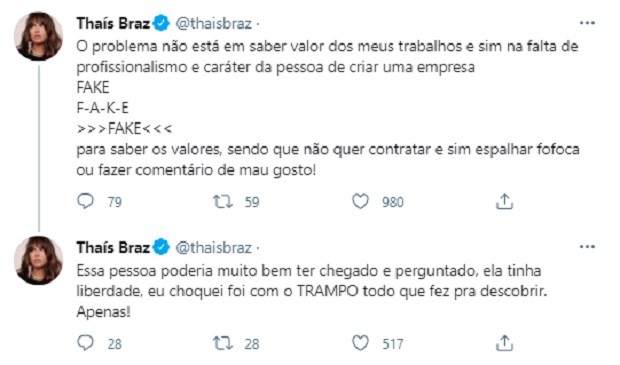 Thaís Braz desabafa em rede social (Foto: Reprodução/Twitter)