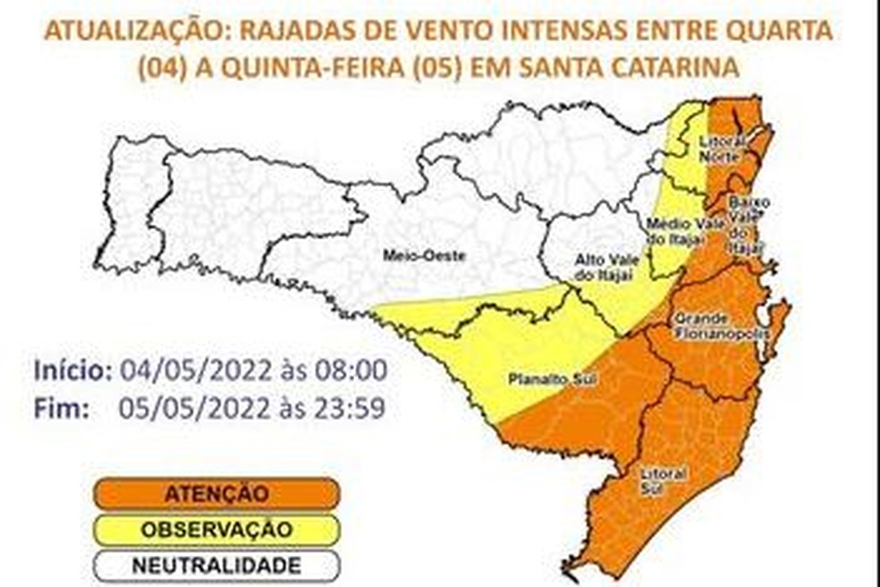 Mapa da Defesa Civil mostra regiões com mais risco de rajadas de vento intensas — Foto: Defesa Civil/Divulgação