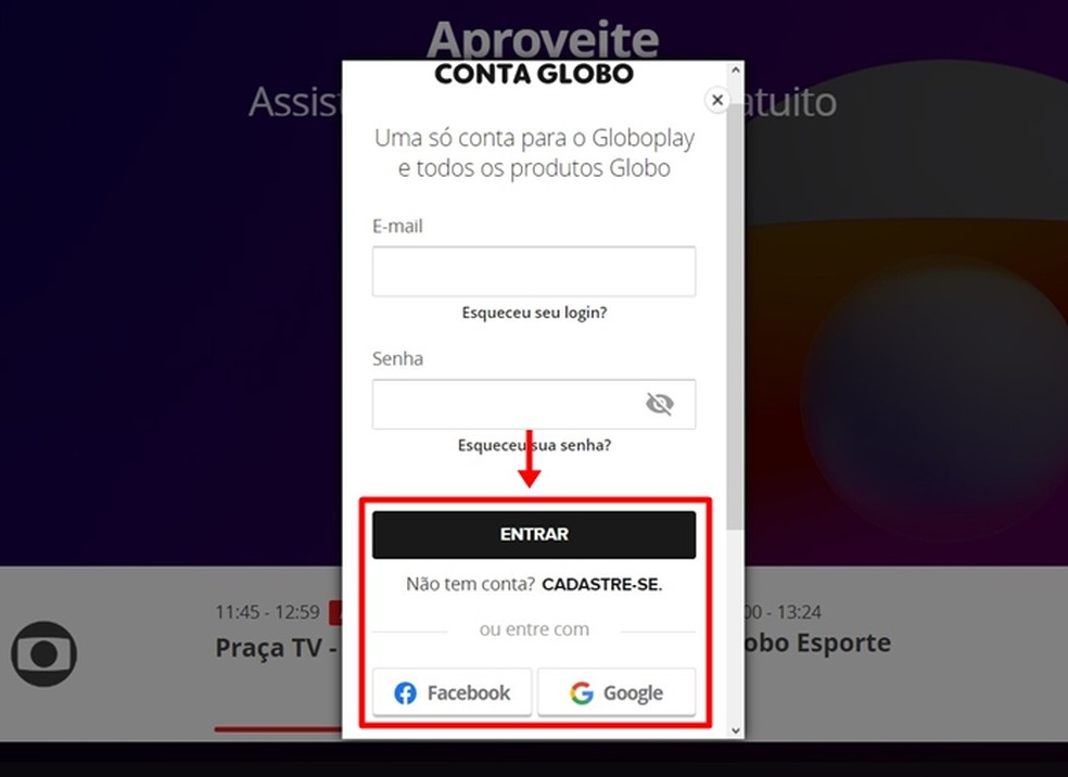 Para assistir à entrevista com candidatos no Jornal Nacional, é preciso fazer login na Conta Globo com e-mail e senha já cadastrados ou dados de contas Facebook ou Google — Foto: Reprodução/Gabriela Andrade