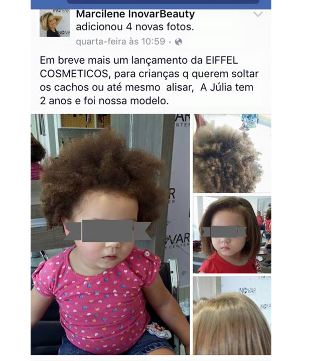 O post polêmico mostra o cabelo da menina natural e alisado (Foto: Reprodução/ Facebook)
