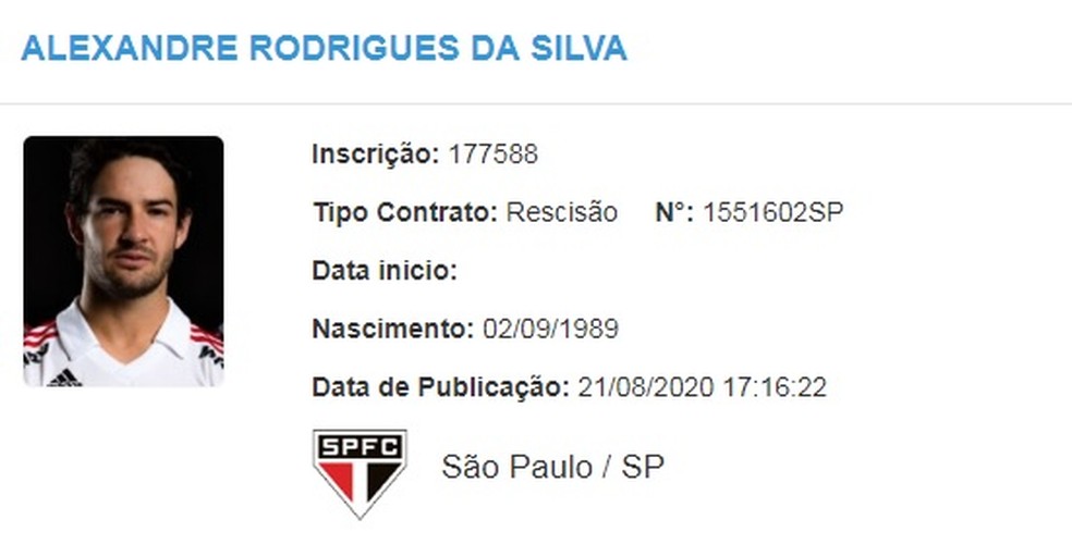 Rescisão de Pato no São Paulo foi publicada no BID da CBF — Foto: Reprodução