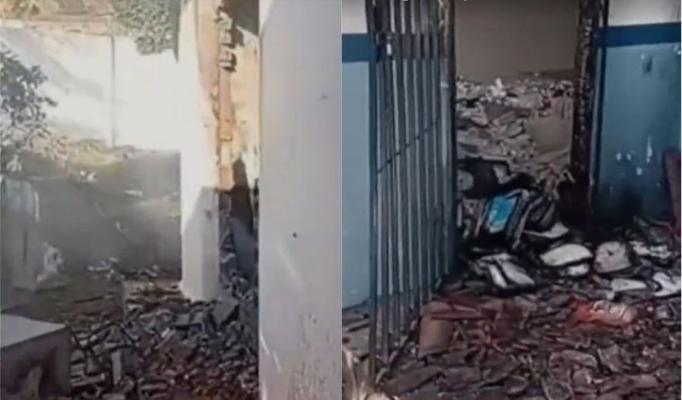 Incêndio em creche no Crato destruiu parte do mobiliário e da estrutura da unidade. — Foto: TV Verdes Mares/Reprodução