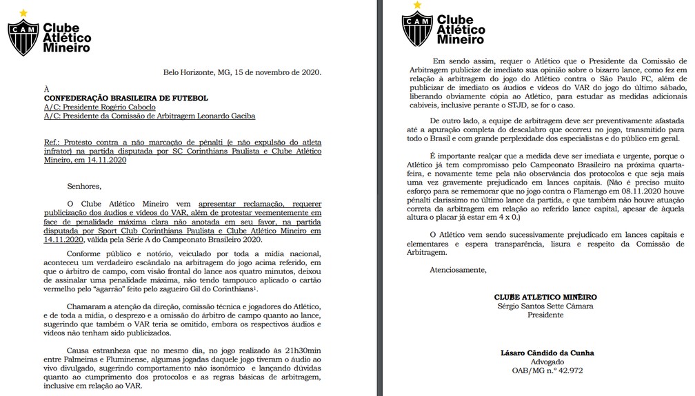 Ofício do Atlético para a CBF cobrando arbitragem do jogo contra o Corinthians — Foto: Reprodução 