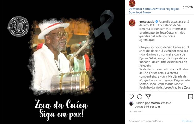 Estácio de Sá lamenta morte do sambista Zeca da Cuíca (Foto: Reprodução/Instagram)