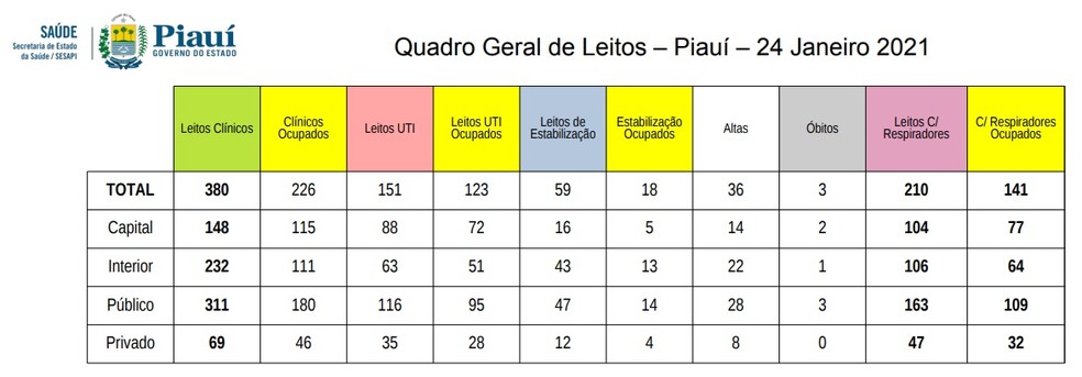 Dados dos leitos de Covid-19 no estado do Piauí — Foto: Divulgação/Sesapi