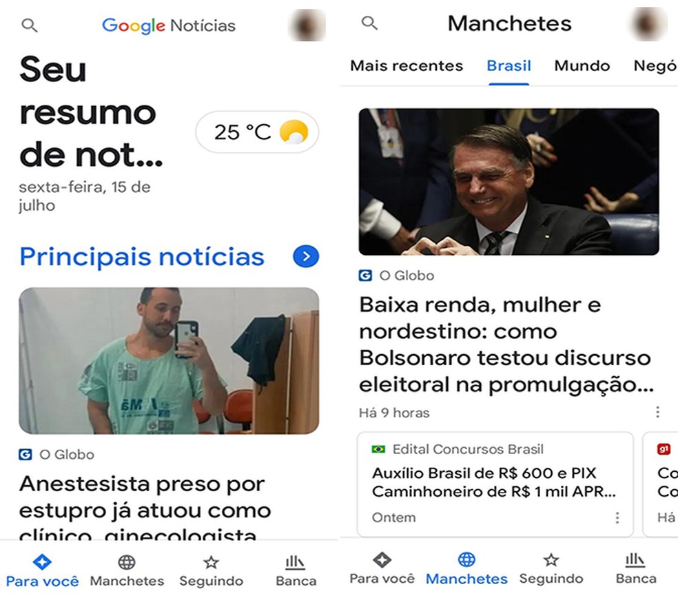 Google News traz notícias de portais diversos em app — Foto: Reprodução/Flávia Fernandes 