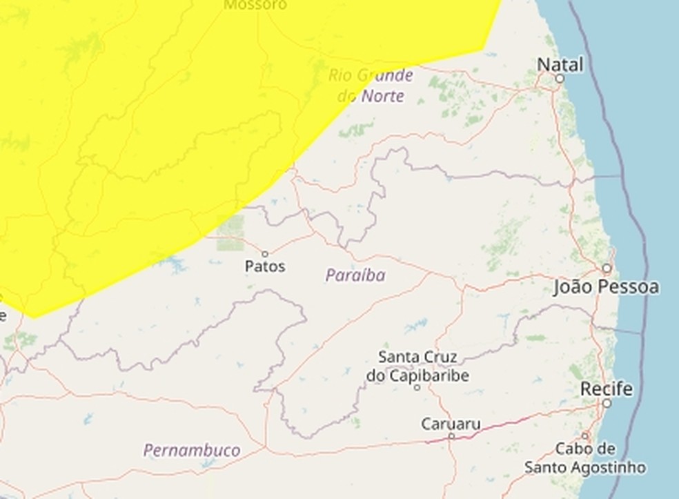 Alerta amarelo de chuvas intensas para 49 cidades da Paraíba — Foto: Reprodução/Inmet