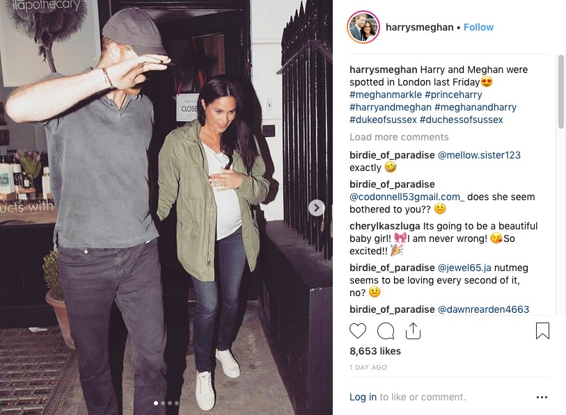 O post que viralizou nas redes sociais com o flagrante mostrando Meghan Markle com roupas do marido Príncipe Harry (Foto: Instagram)
