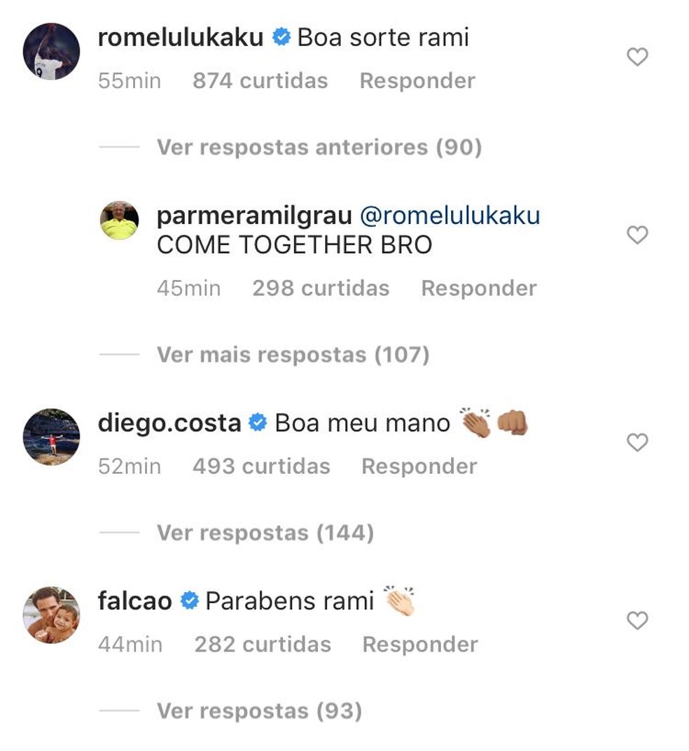 Lukaku, Diego Costa e Falcão Garcia parabenizam Ramires, novo reforço do Palmeiras — Foto: Reprodução/Instagram