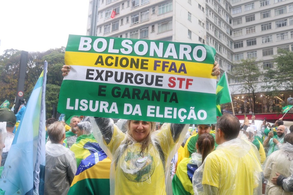 Apoiadora de Bolsonaro vai à Paulista, em SP, com cartazes que pregam pautas antidemocráticas — Foto: Gabriel Silva/Futura Press/Estadão Conteúdo