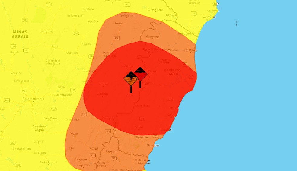 Mapa de alertas meteorológico no Espírito Santo — Foto: Reprodução/Inmet