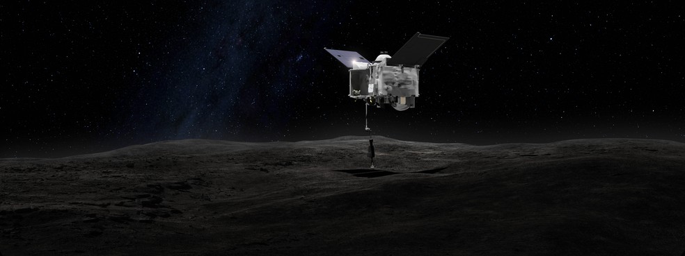 Simulação do momento em que a sonda OSIRIS-REx contacta o asteroide Bennu — Foto: Nasa