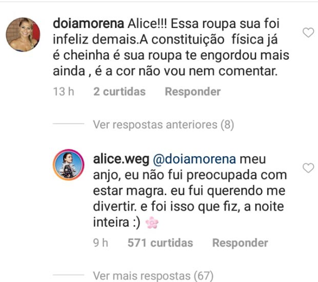 Alice Wegmann responde seguidora (Foto: Reprodução/Instagram)