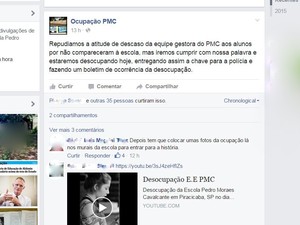 Alunos da escola Pedro Moraes Cavalcanti, em Piracicaba, divulgaram desocupação pelo Facebook (Foto: Reprodução/Facebook)