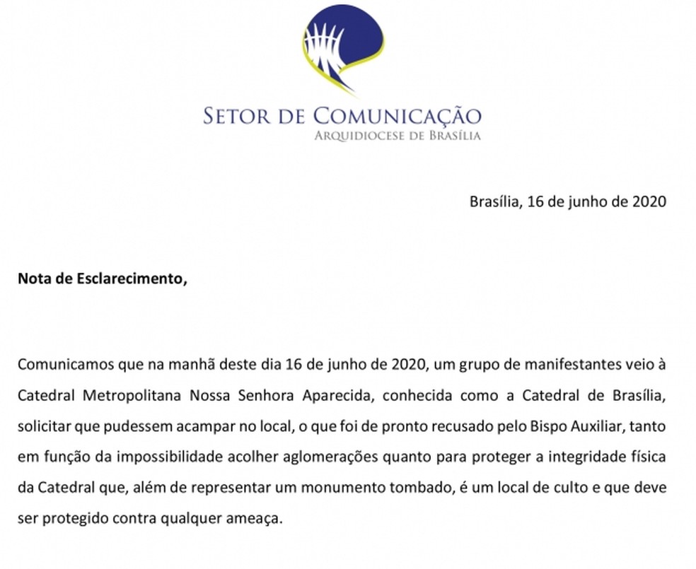 Nota da Arquidiocese de Brasília, após ameaças ao bispo, nesta terça-feira (16) — Foto: Arquidiocese de Brasília/ Reprodução